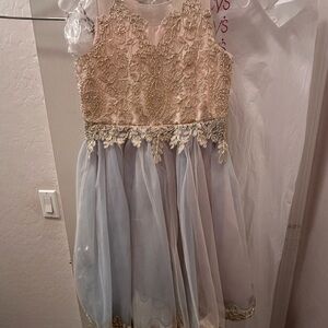 Us Angels Gold Lace Bodice with Light Blue Tulle Skirt Girls Dress